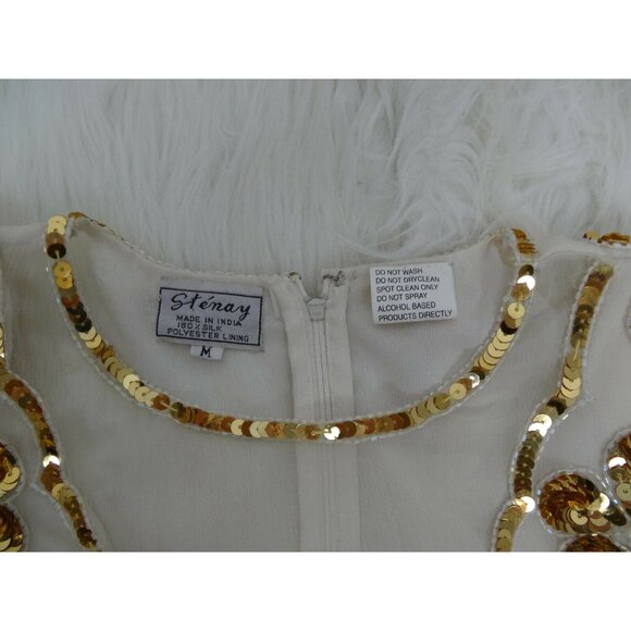 Vintage Stenay Blouse Womans  M 100% Silk Gold Sequin Beaded Top Cream Short Slv - Picture 10 of 12